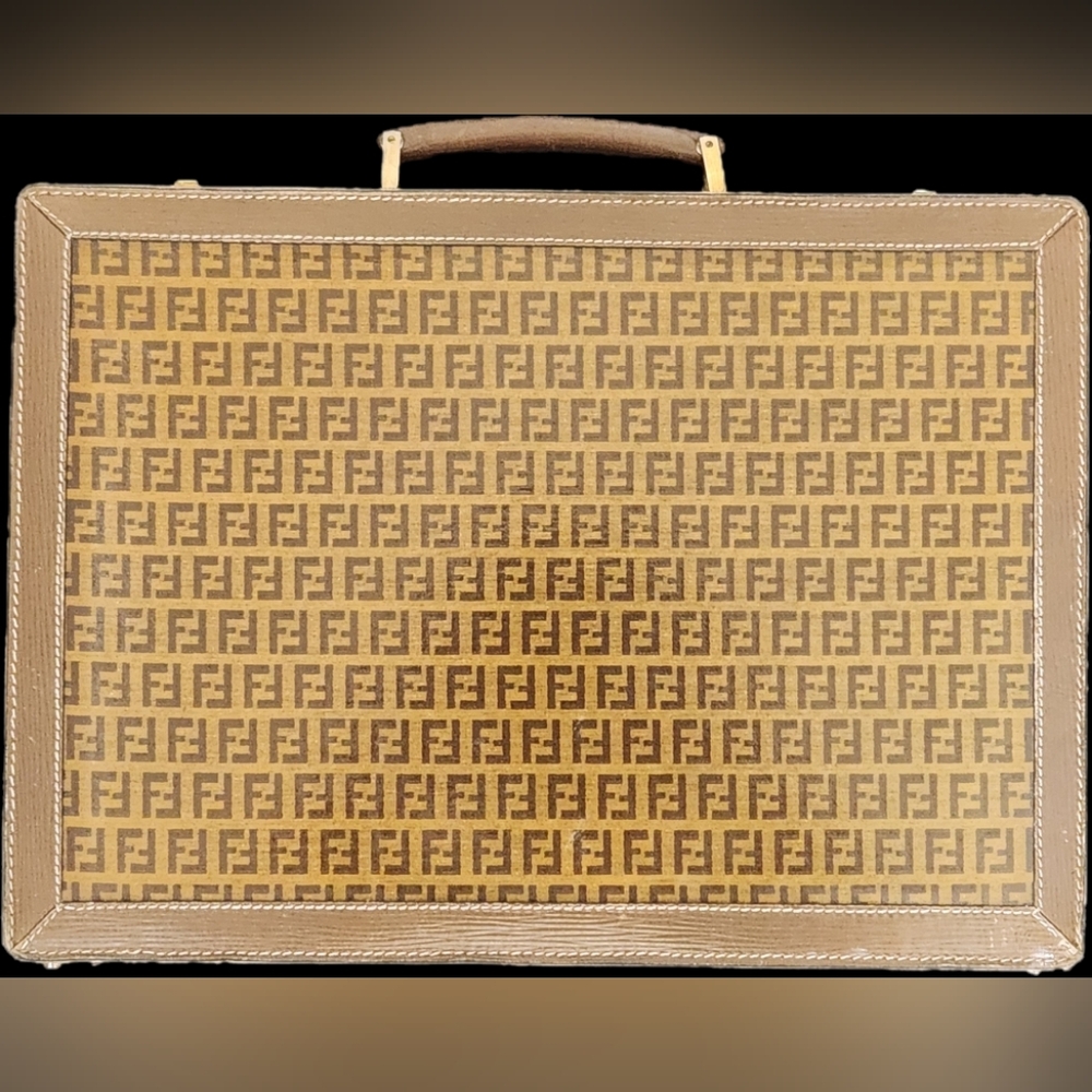 Vintage 1970s Fendi Brown Monogram Canvas Women's Briefcase - Brown Tan & Brass